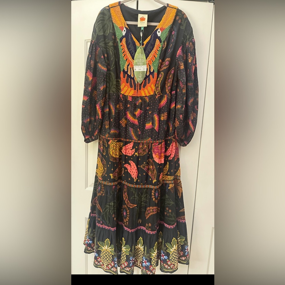 NWT FARM RIO Mixed Raumbow beaded birds maxi dress